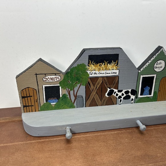 Vintage Handcrafted Wood Country Old Town Village Cow‎ Art Wall Hooks Key Holder - Picture 3 of 6